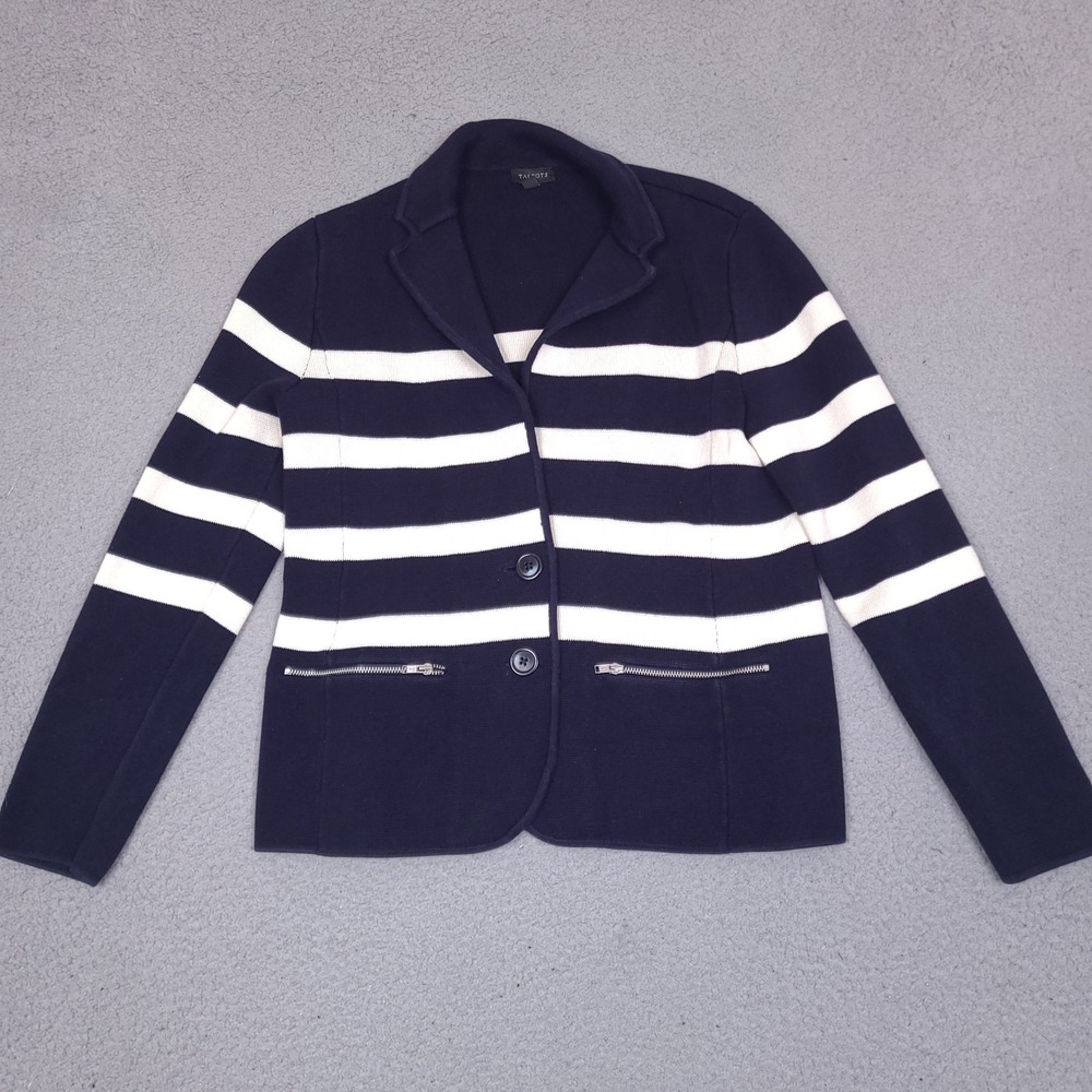 Talbots Blazer Jacket Womens Small Navy Blue White Striped Button Front Pockets